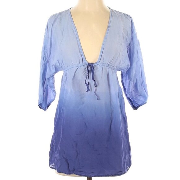 Splendid Silk Tie Dye Blue Ombre Cover Up Beach Top‎ Size Small V-Neck Bohemian - Picture 1 of 12